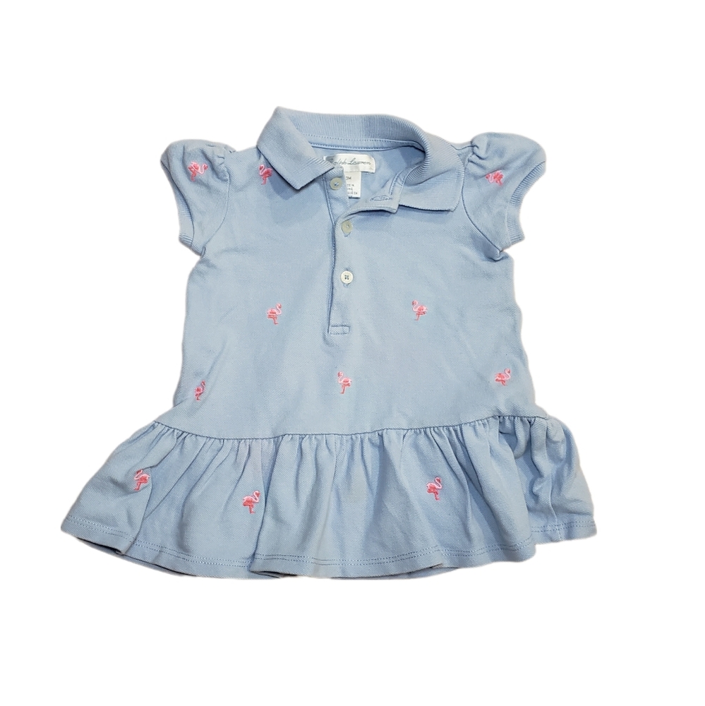 Ralph Lauren 3m Baby Girl Blue Polo Dress with Embroidered Pink Flamingos